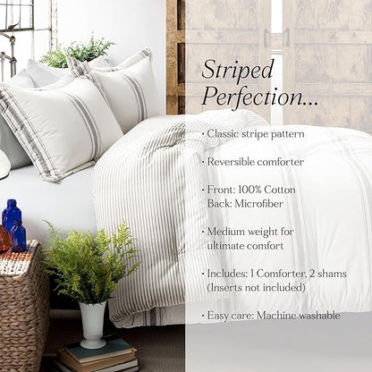Lush Decor Stripe Reversible Cotton Comforter Set, Cozy Farmhouse Bedding Set, Full/Queen, Gray, 3 Piece Set