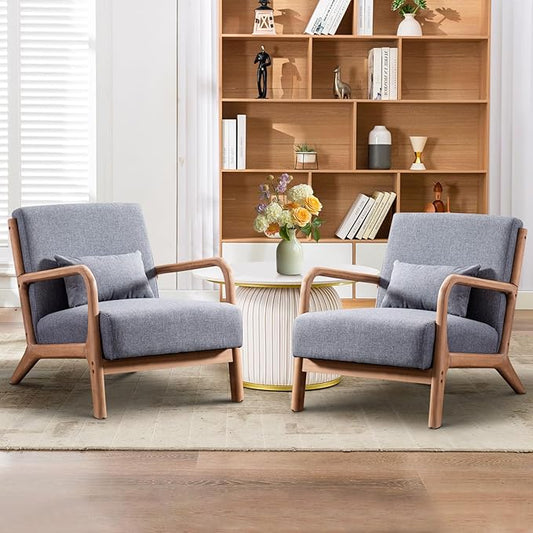 Accent Chair Mid Century Modern Chair Linen Fabric Living Room Chairs with Solid Wood Frame Comfy Upholstered and Lumbar Pillow Reading Side Chairs Easy Assembly for Bedroom (2, Grey)