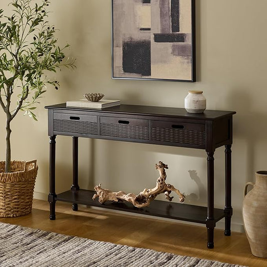SAFAVIEH Home Collection - Landers Dark Chocolate Console Table with 3 Basket Drawers and 1 Shelf, Farmhouse Accent Entryway Table (CNS5711F)