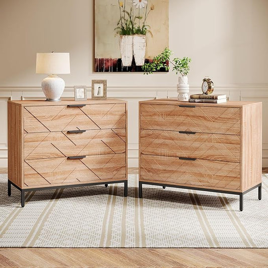 Tribesigns Wooden Nightstand Set of 2 with 3 Drawers, 31" Wide Night Stand with Metal Legs, Modern Large Bedside End Table for Bedroom, Living Room