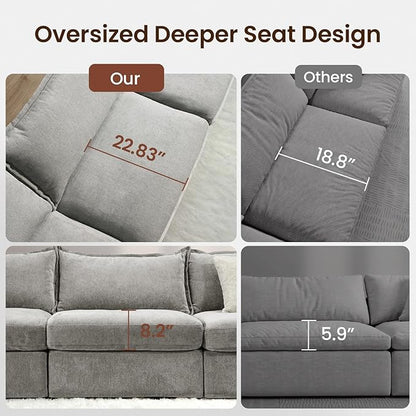 118.5" Down Filled Cloud Couch, Chenille Modular Sectional Sofa with Storage Ottoman, 3-Seater L Shape Sofa with Throw Pillows, Mordern Sectional Couches for Living Room, Light Grey