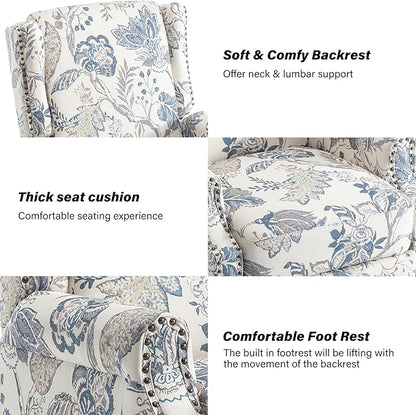 Pushback Recliner Chair Set of 2, Floral Fabric Wingback Recliner Chair, Upholstered Armchair Push Back Recliner, Rivet Trim Single Sofa Accent Chair with Wood Legs for Living Room, Plants Blue