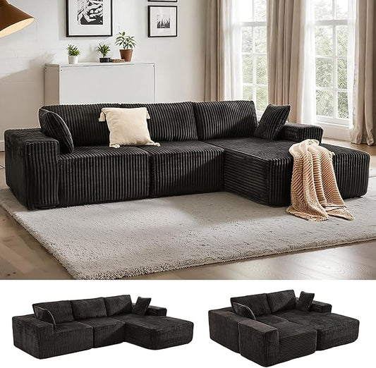 Apicizon 113" Sectional Sofa Couch for Living Room, 3 Seat Boneless Sofa with Chaise Longue, L-Shape Modular Sectional Couches with Deep Seat for Apartment，No Assembly Required (Stripe Corduroy Black)