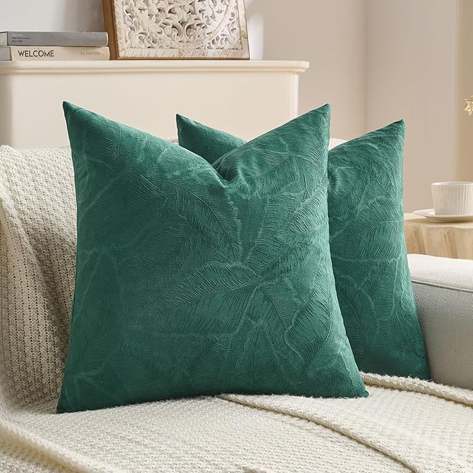 FUTEI Christmas Dark Green Velvet Throw Pillow Covers 20x20 Inch Set of 2,Soft Embossed Leaf-Relief Textured Cushion Cases,Natural Home Decor for Couch Living Room