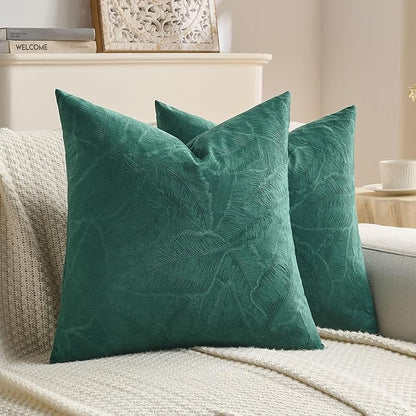FUTEI Christmas Dark Green Velvet Throw Pillow Covers 22x22 Inch Set of 2,Soft Embossed Leaf-Relief Textured Cushion Cases,Natural Home Decor for Couch Living Room