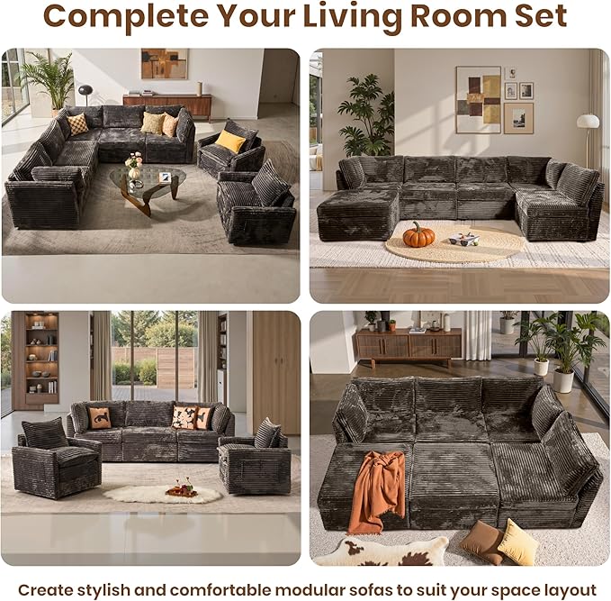 130'' Modern Modular Sectional Sofa,5 Seats Cloud Comfort Corduroy Fluffy Couch,L Shaped Convertible Sofa Couch for Living Room,Grey