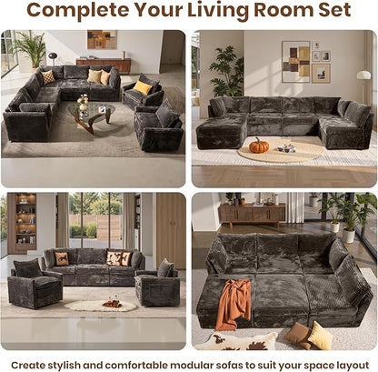 130'' Modern Modular Sectional Sofa with Ottoman, 7 Pieces L Shaped Cloud Couch for Living Room, Oversized Deep Seat Convertible Sofa Set, Plush Corduroy Gray