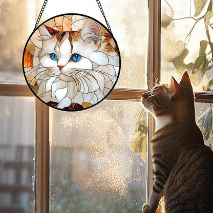 Stained Glass Window Hanging 4 Pcs Set Cute Cat and Dog 6.3" - Animal Suncatcher Door Garden Sun Catcher Decor Birthday Mother's Day for Mom Woman Nana Girl Boy Friend
