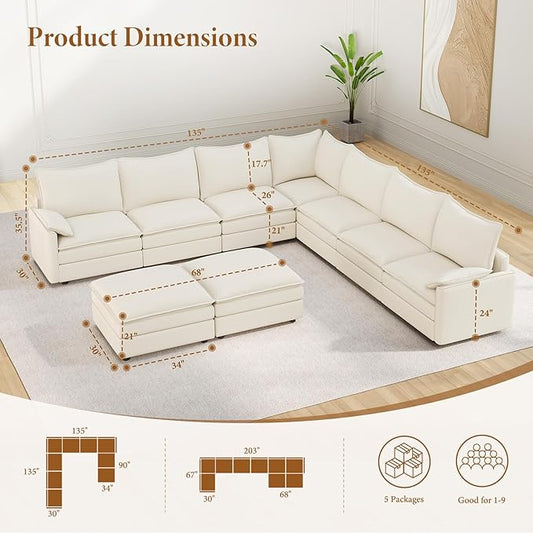 Vesgantti Large Modular Sectional Sofa, Big Comfy Cloud Couch with Ottoman Deep Seat Chenille Cloud Sofa, 9 Seater Large Sectional Couches for Living Room, Bedroom and Apartment, Snow White