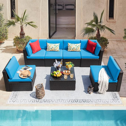 Devoko 7 Pieces Outdoor Sectional Sofa Patio Furniture Sets Manual Weaving Wicker Rattan Patio Conversation Sets with Cushion and Glass Table (Blue)