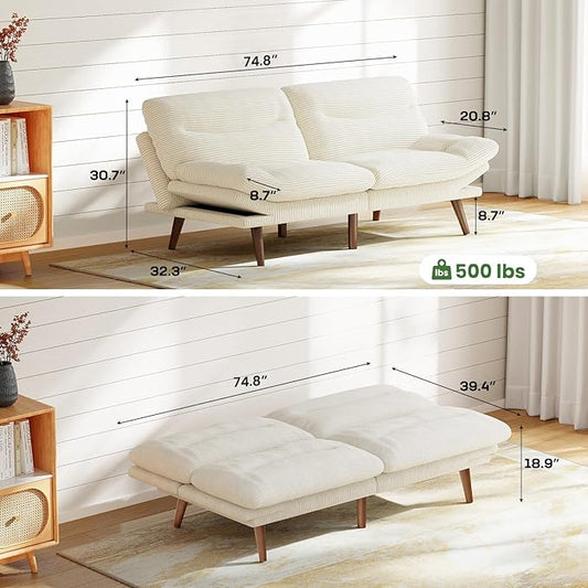 Marsail 75" Futon Sofa Bed, Futon Couch with Adjustable Backrest & Armrests, Convertible Sleeper Sofa Bed for Apartment, Living Room, Office, Corduroy Loveseat, Beige
