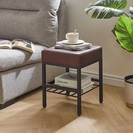 IBUYKE Square 16.34 inches Stool with Adjustable Feet and Storage Space, Footrest Chair,Multi-Use as Small Side Table or Ottoman, for Bedroom, Dark Brown LG-60Z