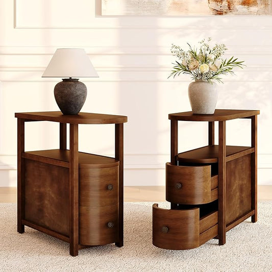 LITTLE TREE Solid Wood End Table Set 2 with 2 Drawers & Open Shelf, No Assembly Required Side Table for Living Room, Vintage Brown Couch Side Tables, Slim Bedside Table Nightstand for Bedroom