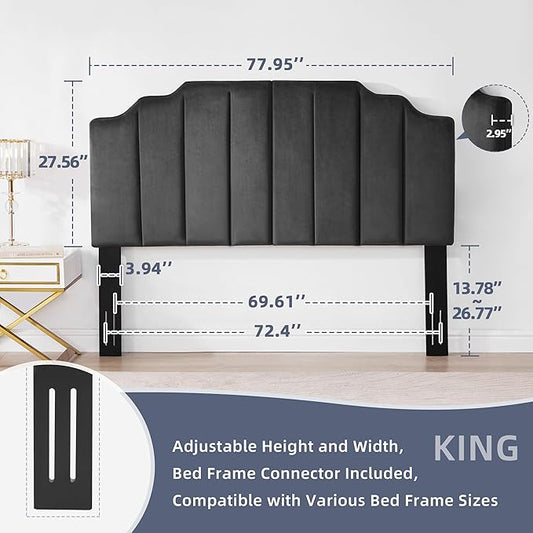 King Upholstered Headboard, Velvet Head Board, Tufted King Headboard only, Elegantly Curved Headboards only, Modern Vertical Channel Design Bed Head Board, Dark Gray