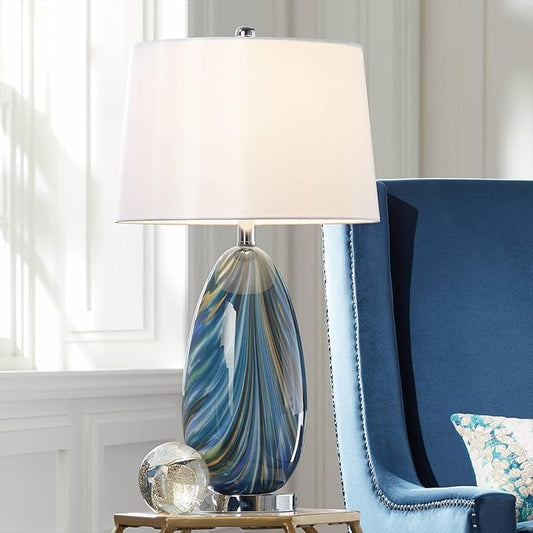 Possini Euro Design Pablo Modern Style 3-Way Table Lamp with Table Top Dimmer 27" Tall Multi Color Blue Art Glass Fabric Drum Shade for Living Room Bedroom Bedside Nightstand Home (Color May Vary)