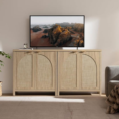 SICOTAS Rattan Sideboard Buffet Cabinet with Storage, Mid Century Modern Credenza Storage Cabinet with Arch Doors & Shelves Boho Coffee Bar Media Console Cabinets for Kitchen, Living Room, Entryway