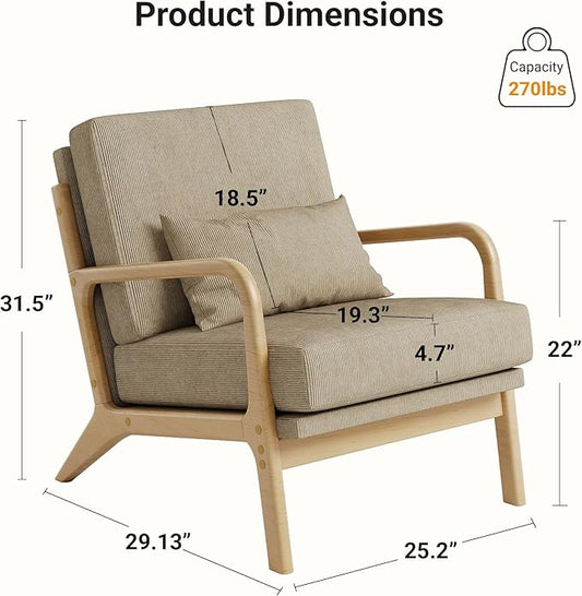 Claiks Mid-Century Modern Accent Chair, Living Room Armchair with Solid Wood Frame & Lumbar Pillow, Comfy Upholstered Lounge Chair for Bedroom, Office, Corduroy, Khaki