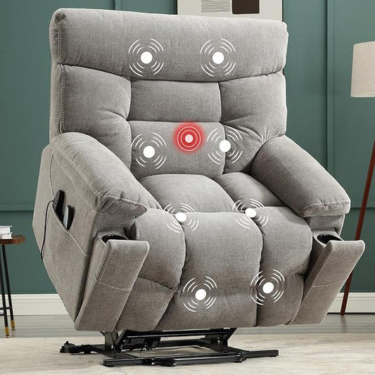 CANMOV Dual Motor Power Lift Recliner Chair for Elderly, 27" Extra-Wide Seat 450 lbs Weight Capacity Infinite Position Adjustment, with Heated Massage, Cup Holders and USB Port, Grey Fabric
