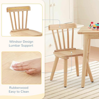 Curipeer Windsor Kids Table and 2 Chair Set, Rubberwood Children Toddler Table and Chair Set with Non-Slip Legs/Round Edge Design for Art, Play, Craft, Activity, Natural Wood