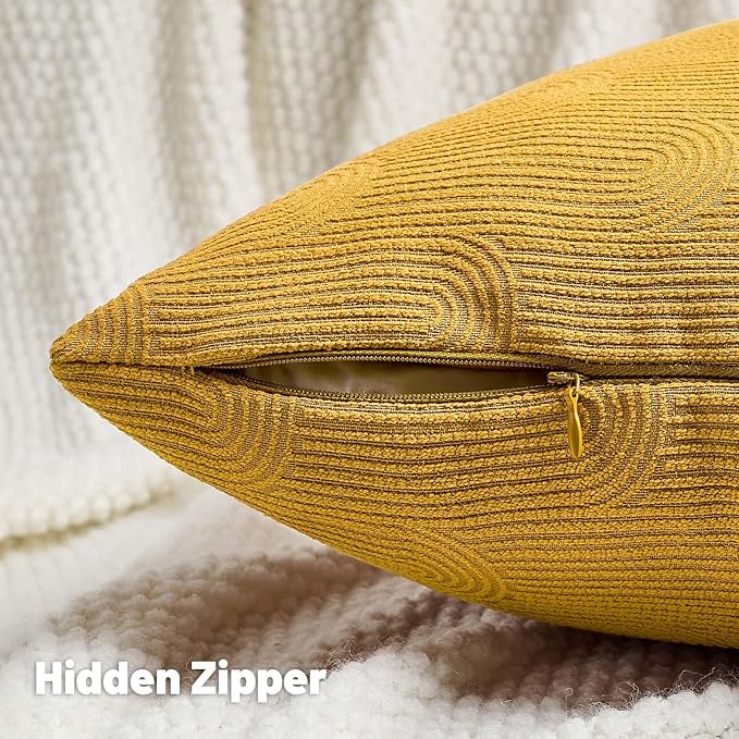 FUTEI Mustard Yellow Chenille Decorative Throw Pillow Covers 18x18 Inch Set of 2,Soft Cozy Striped Geometric Patterns Cushion Cases,Modern Home Decor for Couch Bed Living Room