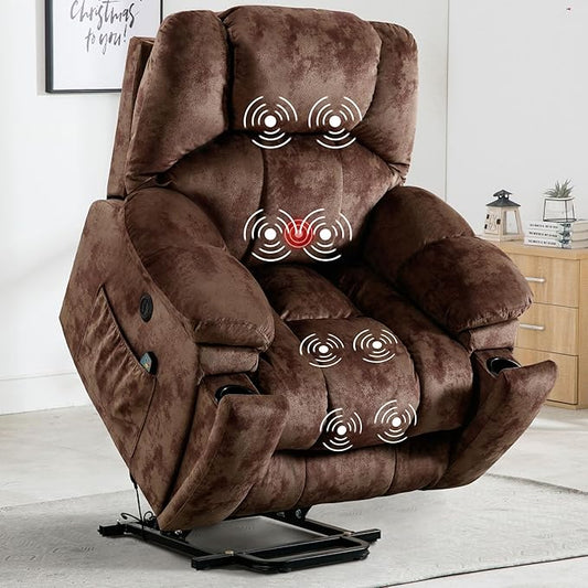 Bonzy Home Power Lift Recliner Chair with Massage and Heating, Lift Chairs Recliner for Elderly, Upholstered Comfy Power Lift Chair with 2 Hidden Cup Holders, Side Pockets, USB Port, Brown