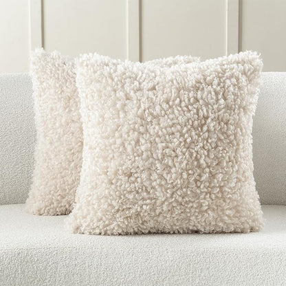 FUTEI Beige Decorative Throw Pillow Covers 18x18 Inch Set of 2,Soft Fluffy Faux Wool Fur Boucle Textured Cushion Case,Modern Home Decor for Couch Bed Living Room Office