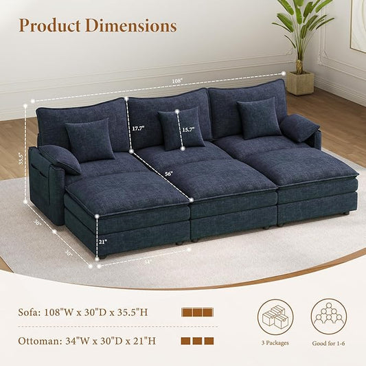 Vesgantti 108" Sectional Sleeper Sofa, 6-Seater Oversized Modular Cloud Couch with Movable Ottoman, Chenille Large Sofa Bed Convertible Deep Seat Couches for Living Room, Bedroom and Apartment, Blue