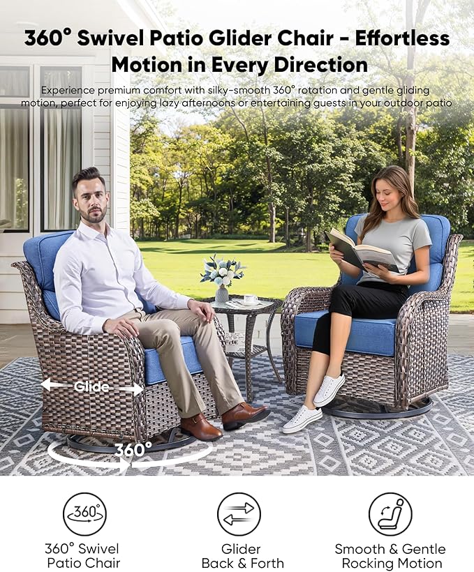 HUMMUH Wicker Patio Furniture Set with Patio Swivel Chairs Set of 4 and 50,000 BTU Fire Pit Table,6 Inch Thick Cushions High Back Outdoor Swivel Rocker Chairs Set for Porch, Balcony, Deck