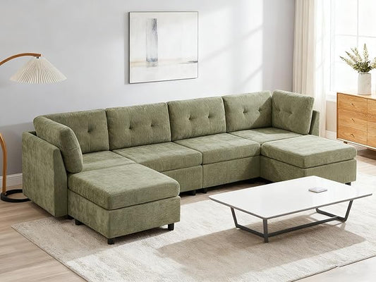 VANOMi 4 Seater Cloud Couches for Living Room with 2 Ottomans, 118" Modular Sectional Sofas & Couches, Comfy Chenille Cloud Sectional Couch Sofa for Apartment, Office, Green, U Shaped