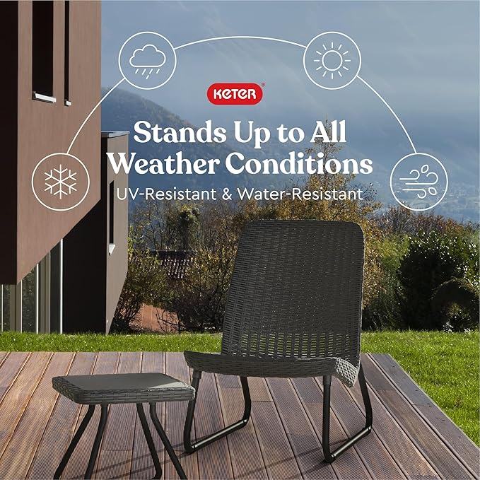 Keter Rio 3 Piece Resin Wicker Patio Furniture Set with Side Table and Outdoor Chairs for Front Porch and Backyard Decor, Dark Grey