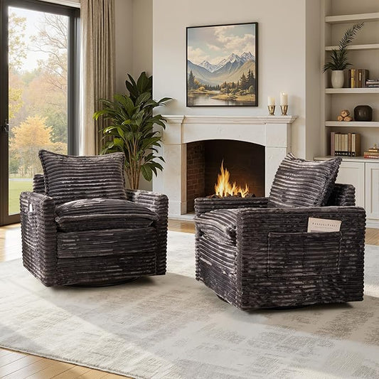 Swivel Accent Chair Set of 2, Modern Sofa Chairs for Living Room, Plush Upholstered Cloud Chair with Double Layer Thick Cushions, Bedroom Reading Nook Armchair, Gray