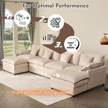 142.5" U Shaped Couch, Modular Sectional Sofa, 3-Seater Comfy Cloud Couch with Movable Ottoman, Deep Seat Couches for Living Room, Linen, Beige
