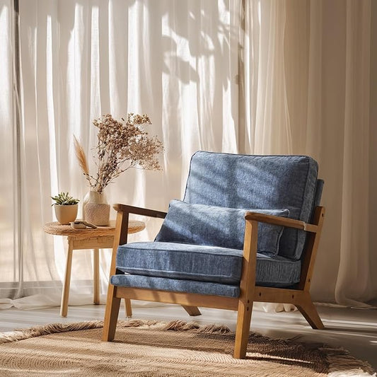 VINGLI Solid Wood Wide Armrests Accent Chair,Upholstered Mid Century Modern Chair with Pillow,Comfy Reading Chair Farmhouse Arm Chair,Chairs Living Room,Bedroom,Guest Room,Chenille Fabric,Dark Blue