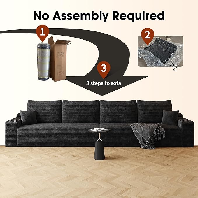 140.2" Cloud Modular Black Sofa, 4-Seater Upholstered Couches for Living Room, Modern Minimalist Deep Seat Boneless Couch, No Assembly Required, Plush Corduroy Fabric
