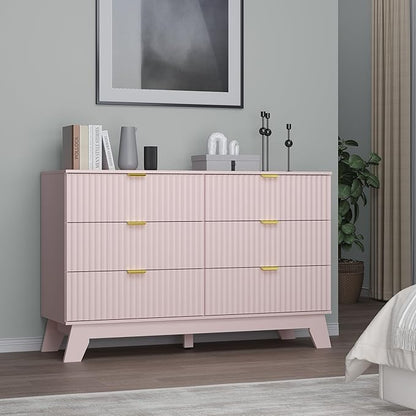 Fluted 6 Drawer Dresser, 47.2" Wide Modern Boho Chest of Drawers, Wooden Storage Dresser TV Stand for Bedroom, Living Room, Closet, Hallway, Curved Profile Design