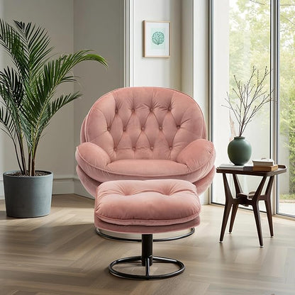 360° Swivel Modern Velvet Accent Chair with Ottoman | Mid-Century Button Tufted Lounge Chair for Living Room & Bedroom, Pink