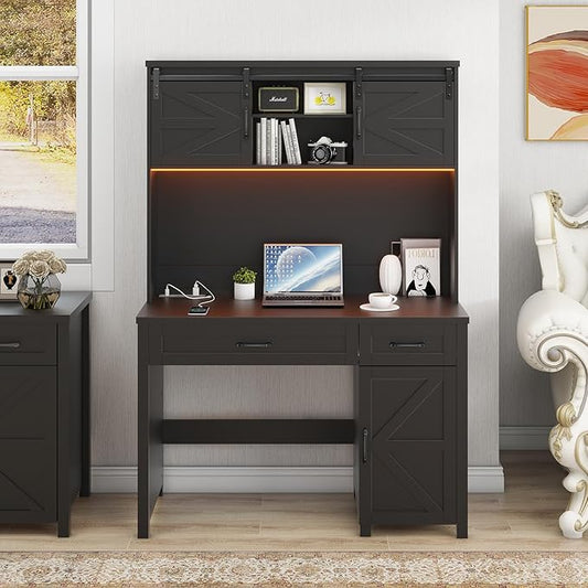 Vabches Farmhouse 47" Executive Desk, Computer Desk with 2 Drawers, Storage Cabinet and LED Light,Charging Hub, Home Office Desk with Hutch, Workstation for Home Office and Study(Pure Black