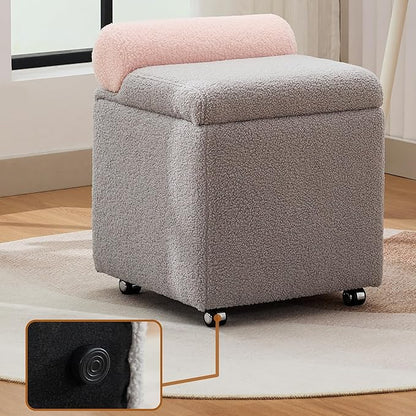 Boucle Vanity Chair with Storage, Swivel Makeup Vanity Chair with Wheels & Safety Hinge, Upholstered Vanity Stool Ottoman for Bedroom, Dressing Room, Grey
