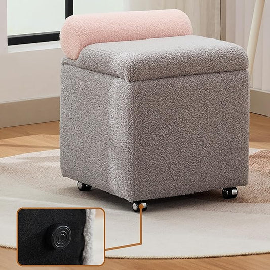 Boucle Vanity Chair with Storage, Swivel Makeup Vanity Chair with Wheels & Safety Hinge, Upholstered Vanity Stool Ottoman for Bedroom, Dressing Room, Grey