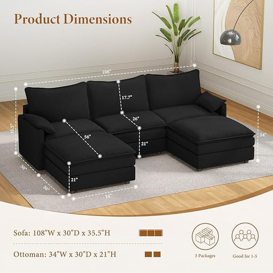 Vesgantti 108" U Shaped Sectional Couch, Comfy Cloud Modular Sectional Sofa with 2 Ottoman Deep Seat Chenille Modern Cloud Sofa, Modular Sofas for Living Room, Bedroom and Apartment, Black