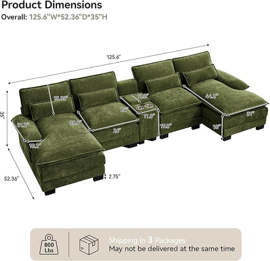 U Shaped Sectional Sofa with Storage Console, Cup Holders & USB Ports, Small Modular Cloud Couch with Deep Seats, Modern Comfy Living Room Sofa for Apartment, Chenille Green