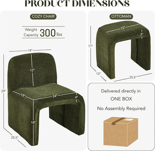 Accent Reading Chair with Ottoman, Chenille Upholstered Comfy Armless Accent Chair with Footrest Modern Side Lounge Chair for Living Room Bedroom, Moss Green