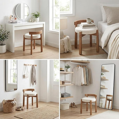 HNY Modern Linen Ottoman Set of 2- Low-Back Makeup Seat & Lounge Footrest with Solid Wood Frame, Casual Style for Bedroom Dressing Area, Beige