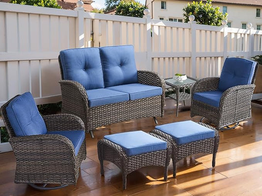 HUMMUH Patio Furniture 6-Piece PE Wicker Outdoor Conversation Set,All-Weather Rattan Swivel Chairs with Ottomans Glider Loveseat for Backyard,Poolside,Deck