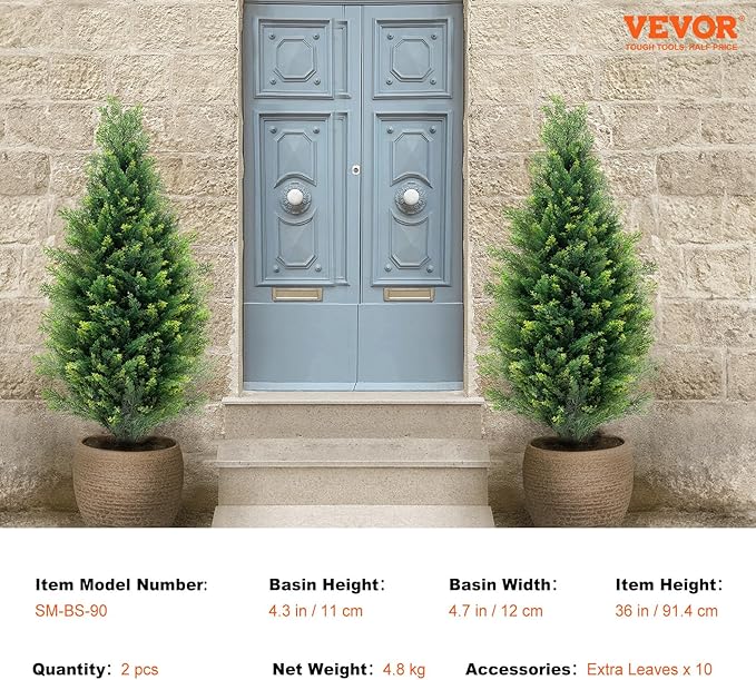 VEVOR Artificial Topiary Cedar Tree, 36 inch Tall (2 Pieces), with Extra Leaves & Pot Faux Evergreen Fake Pine Cypress Trees Plant, UV Rated Artificial Greenery Set for Home Decor Indoor/Outdoor