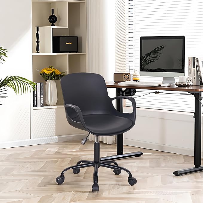 VECELO Mid-Back Chair for Desk with Armrests, Height Adjustable, 360°Swivel Wheels for Home Office Computer Study Work, Black