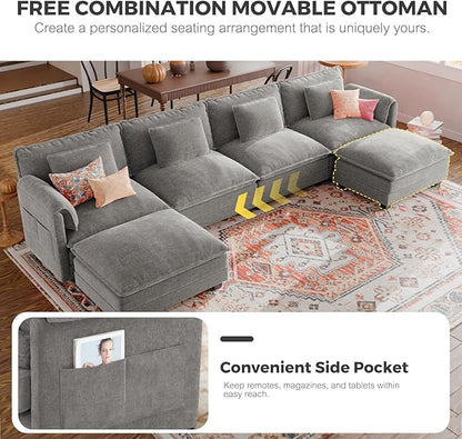 ELUCHANG Oversized 153" Modular Sectional Sofa, Comfy Deep Seat Cloud Couch, Sleeper Sofa Bed, 8 Seat Modern Couch with Removable Cover for Living Room, Apartment, DIY Combination, Chenille Light Grey