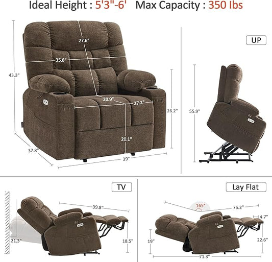 MCombo Dual Motor Power Lift Recliner Chair with Massage and Dual Heating for Elderly, Lay-Flat for Sleeping, Extra Wide for Big and Tall, Fabric R7070 (Coffee)