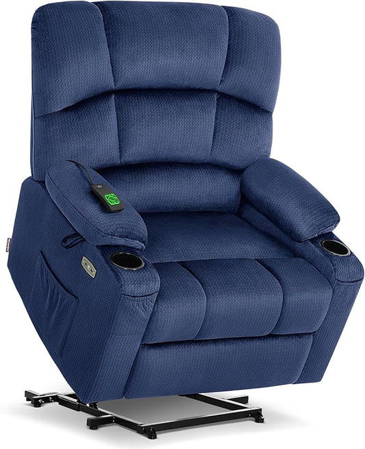 MCombo Oversized Dual Motor Power Lift Recliner Chair Sofa with Massage and Heat for Big Elderly People, Infinite Position, USB Ports, Fabric R7677 (Navy Blue, Medium-Oversize)