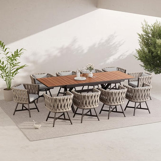 Grand patio 11-Piece Outdoor Dining Set for 10, Patio Dining Furniture Set for 10 Swivel Rope Wicker Chairs & 1 Extendable Rectangular Dining Table, Light Gray Brown